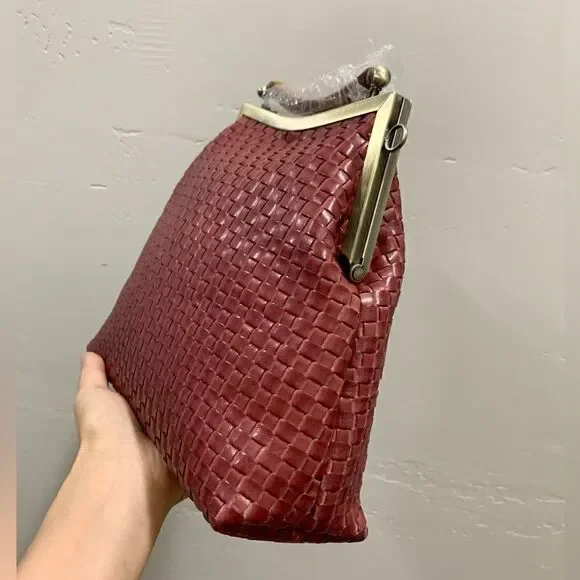 Handmade Genuine Woven Leather Double Kisslock Top Handle Bag & 2 Straps Style